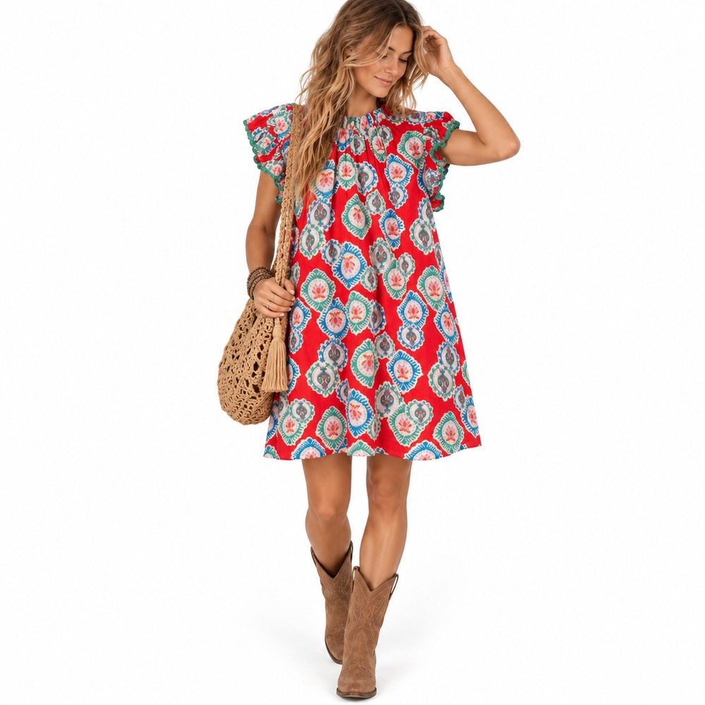 THML Womens L Red Medallion Print Mini Dress Ruffle Sleeve Boho Shift Colorful